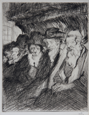 Old Men in a Synagogue, 1981 (hard ground etching & aquatint on paper)