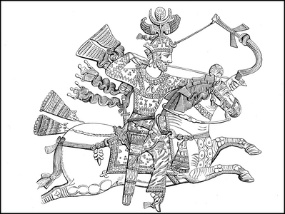 Neo-Persian king hunting with a bow on horseback, ca 400, possibly King Firuz, Historical