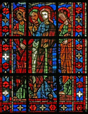 Window w201 depicting the Death of the Virgin Mary - the Apostles gather (stained glass)