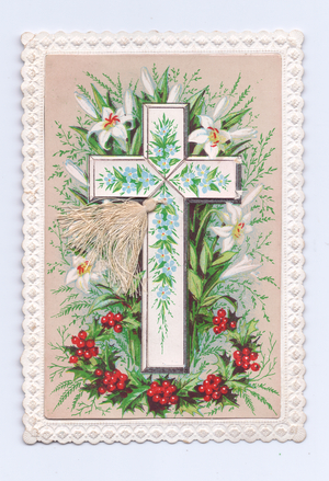 A Victorian religious greeting card of a cross decorated with holly and lilies, c.1880 (colour litho)