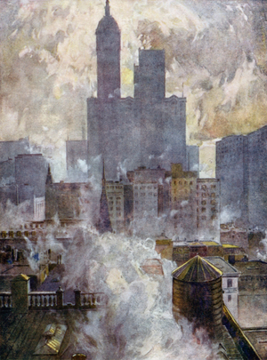 View over roofs, New York City (colour litho)
