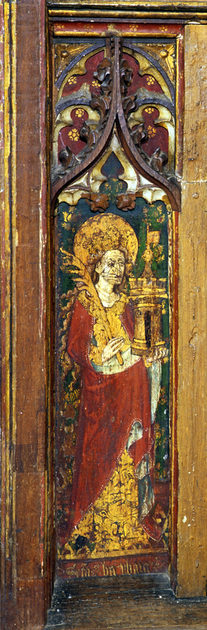 St Barbara, detail of the rood screen, St Mary's Church, North Elmham, Norfolk, UK (tempera on wood)