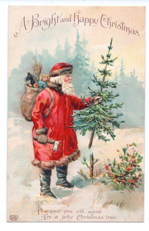 Edwardian Christmas postcard of Father Christmas holding a Christmas tree with a sack of toys on his back, c.1910 (colour litho)