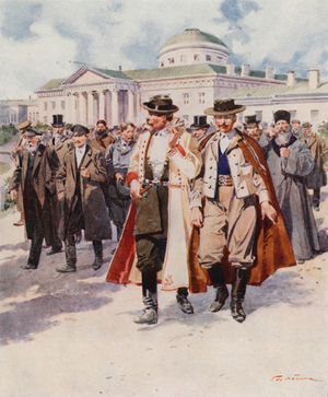 The Members leaving the Dooma (colour litho)