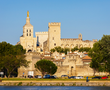 Palace of the Popes seen across the Rhone river, Avignon, Provence-Alpes-Cote d'Azur, France (photo)