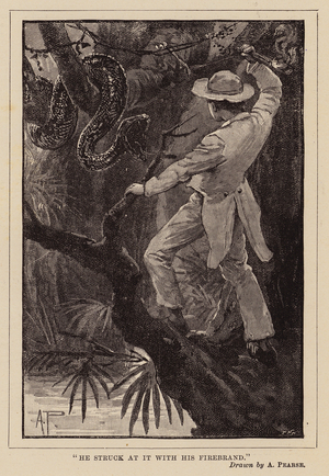 "He struck at it with his firebrand" (engraving)