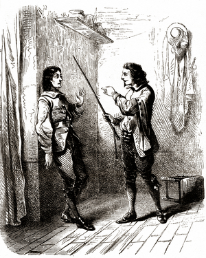 D'Artagnan beats his valet Planchet with a stick, 1853 (illustration)