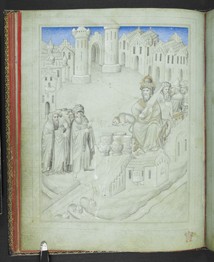 Add 24189, f.10v, The Byzantine emperor holding the head of the spear of Longinus, seated next to the 'enhydros stone' in Constantinople, depicted as a group of jugs pouring out water, from the 'Picture Book of Sir John Mandeville's Travels', c.1410 (vellum)
