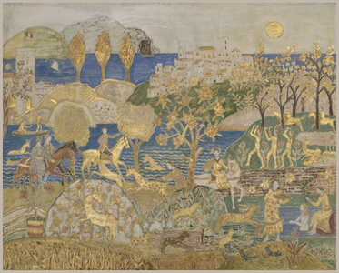 Hill Town, c.1928 (tempera, graphite, & gold leaf on incised, gessoed panel)