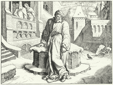 The Holy Roman Emperor Henry IV in the courtyard of the Castle of Canossa, Italy disguised as a penitent to beg the forgiveness of Pope Gregory VII, 1077 (engraving)