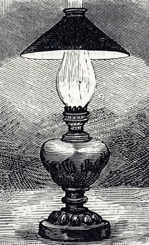 Engraving depicting an oil table lamp fitted with a shade, 19th century