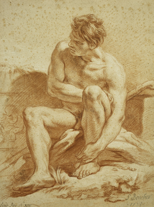 A Seated Nude with a Staff, a Relief with Putti to the Left, 1738 (red chalk and wash, white chalk on buff paper)