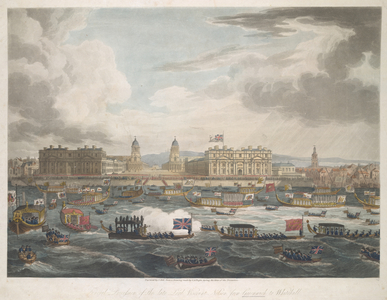 A panoramic view of Nelson's funeral procession on the River Thames in 1806; the funeral barge in the foreground accompanied by over 60 boats, including a variety of Admiralty and City livery barges; Greenwich Hospital in the background with the Royal Observatory in the distance