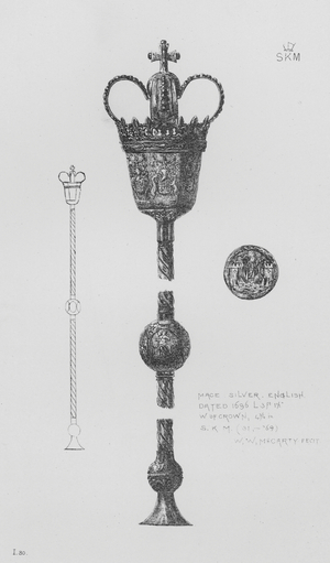 Victoria And Albert Museum: Mace, silver, English, dated 1696 (engraving)