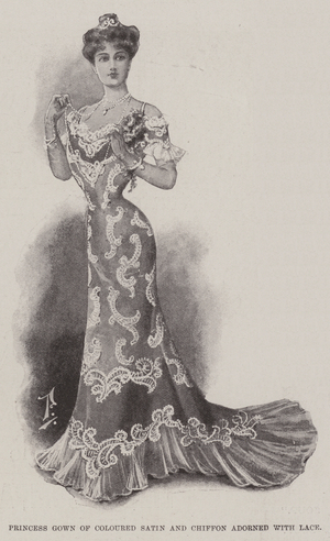 Princess Gown of Coloured Satin and Chiffon adorned with Lace (litho)