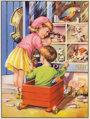 Children looking at the animals in a pet shop window (colour litho)