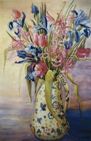 Iris, Tulips and Pink Spider Lilies in a Japanese Jug (watercolour)