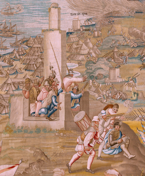 Flemish tapestry. Series The Conquest of Tunis. The Attack on La Goleta (Ataque a la Goleta). Fourth tapestry in the series. Model Jan Vermeyen and Pieter Coecke van Aelst. 1543-1548. Manufacture Real Fábrica de Tapices de Santa Bárbara, Madrid, 1731-1744. Fabric Silk and wool.