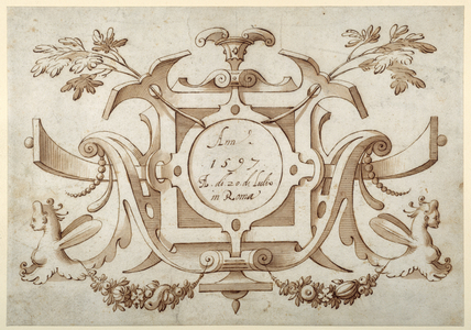 Strapwork cartouche associated with the set of his Roman Views (pen & brown ink with brown wash on paper)