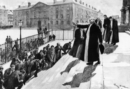 Father Superior blessing the members of the Premontres congregation in front of the courtyard in Nantes, may 1903