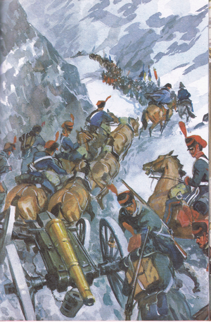 Napoleon's army crossing the Great Saint Bernard Pass to Italy where he fought and won a great battle at Moreno. , illustration from The Story of Napoleon published by Wills and Hepworth Ltd, 1968 (colour litho)