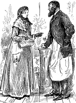 Woman selecting items from the local shop, 1850