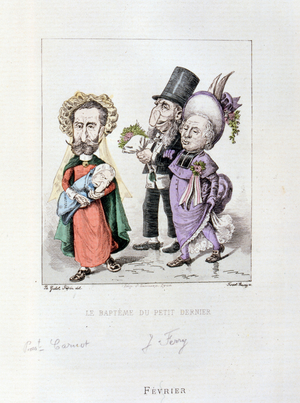 The relationship between President Carnot and Jules Ferry. 1889 (engraving)