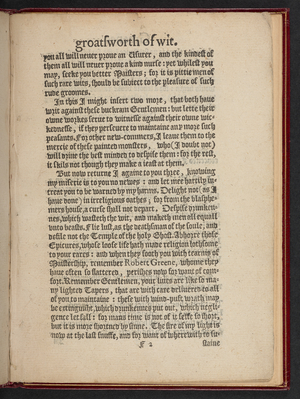 Page from Greene's Groats-Worth of Wit, bought with a million of Repentance, 1592