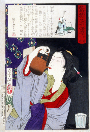 Japan: A Geisha drinking from a sake kettle. From the series '24 Hours in Shinbashi and Yanagibashi'. Tsukioka Yoshitoshi (1839-1892), 1880