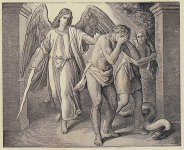Adam and Eve being expelled from The Garden of Eden (engraving)