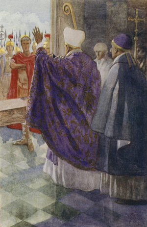 St Ambrose barring the Roman Emperor Theodosius from entering Milan Cathedral as punishment for the Massacre of Thessalonica in 390 (colour litho)