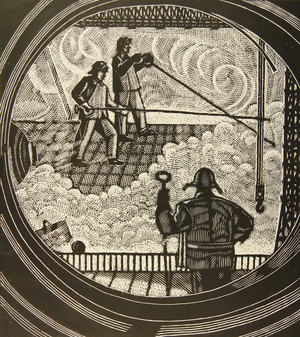 In the Blast-furnace Workshop, 1976 (linocut)