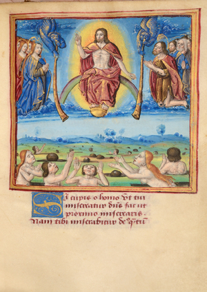 Ms 45 fol.42r Last Judgement, from Preces Variae, c.1500 (gouache & bodycolour on vellum)