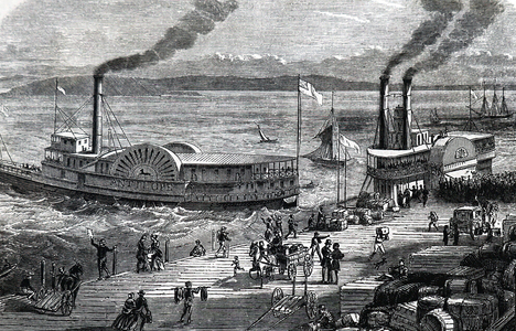 Paddle steamers at the Levee, 1850 (engraving)