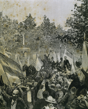 Isaac Peral (1852-1895). Spanish engineer, sailor and designer of the Peral Submarine. Isaac Peral in Madrid. Popular ovation in the Paseo del Bot‡nico. Engraving.