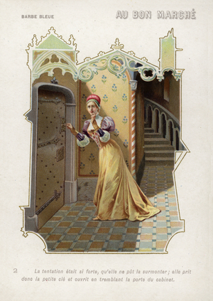 Bluebeard's wife succumbs to temptation and unlocks the forbidden room (chromolitho)