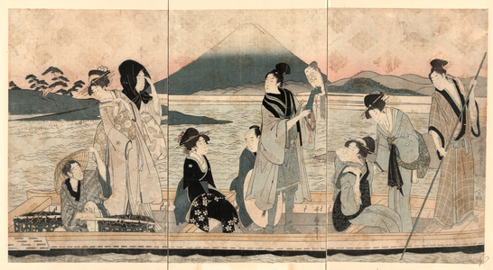 Ichi Fuji Ni Taka San Nasubi, First Dream: Fuji Utamaro, 1753?-1806, [Between 1798 and 1801], 1 Print (3 Sheets) : Woodcut, Color ; 37.2 X 23.3  (Left Panel), 37.1 X 23  (Center Panel), 37.3 X 22.9  (Right Panel), Print Shows Five Women, Four Men, and a Child in a Ferry; One Man is Poling the Boat and One Man is a Porter Seated at the Back of the Boat with Baskets of Eggplants, the Women, Child, and a Man Holding a Falcon on His Left Forearm, and the Fourth Man May Be a Hunting Party Being Ferried Across the River. View of Mount Fuji in the Background.