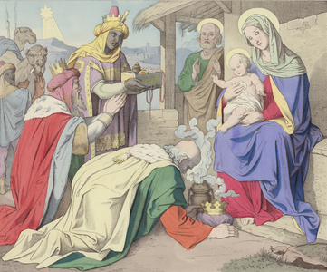 The Adoration of the Magi (coloured engraving)