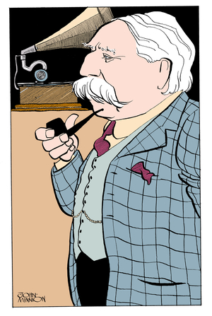 Edward Elgar - caricature with  pipe listening to phonograph