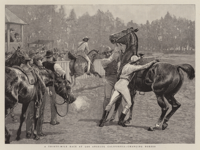 A Thirty-Mile Race at Los Angeles, California, Changing Horses (engraving)