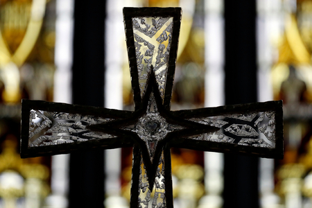 Nantua abbey, Christian cross, Metal and glass, Nantua, France, 2019 (photo)