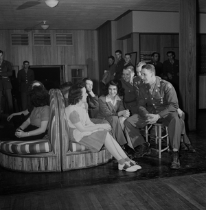 Break during Bi-Weekly "Open House" Dance, Main Lounge of Idaho Hall, Arlington Farms,  Arlington, Virginia, 1943 (b/w photo)
