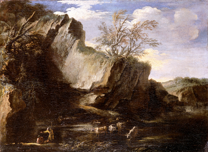Rocky landscape with herdsmen and cattle, 1660 (Oil on canvas)