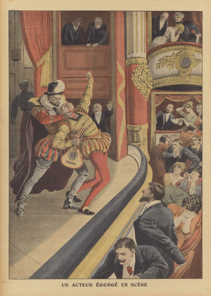 Murder of an actor on stage (colour litho)