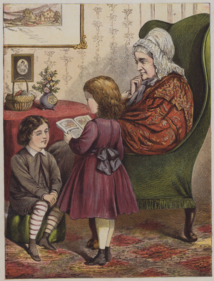 Girl reading to her grandmother (colour litho)