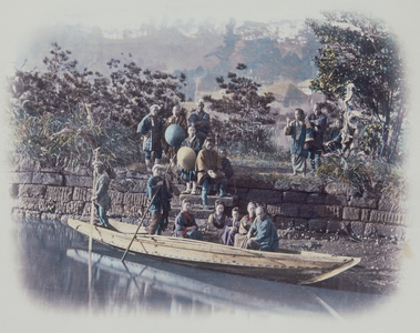 Country People in Boat with Village Behind, 1867 (hand coloured photo)