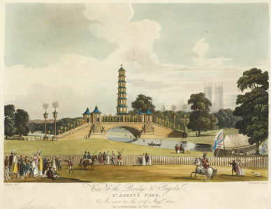 The Chinese bridge and pagoda in St James's Park; figures and horses in parkland