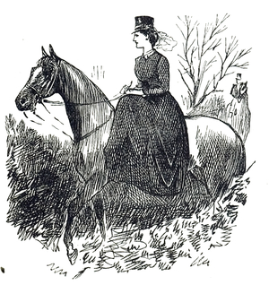 A cartoon depicting a young woman riding side-saddle on her horse, 19th century