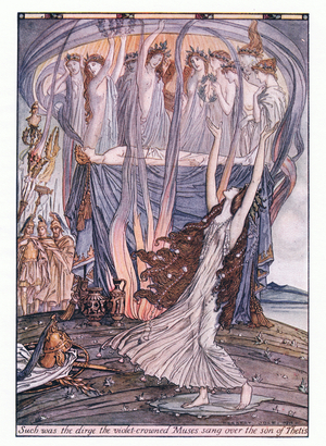 Such was the dirge the violet crowned Muses sang over the son of Thetis