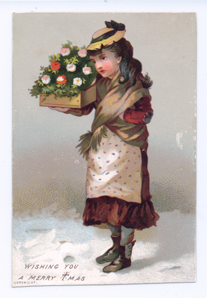 A Victorian Christmas card of a girl selling flowers in the snow, c.1880 (colour litho)